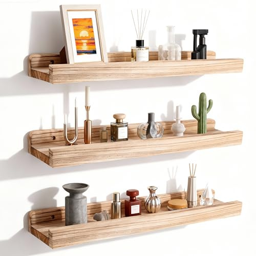 MEKOTRIN Wandregal Holz 3er Set, Hängeregale mit erhöhten Kanten, Schwebendes Regal für Badezimmer, Schlafzimmer, Küche, Büro und Wohnzimmerdekoration, 42x11x4cm(Holzfarbe)