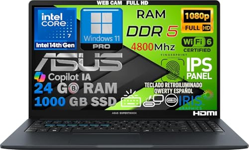 ASUS Ordenador Portátil, Intel Core i7 14ª Gen, RAM 24GB DDR5, 1TB SSD PCIe, Pantalla 15.6 FHD IPS, WiFi 6E, Copilot IA, Webcam 1080p, Teclado Español Retroiluminado, Huella Digital, Windows 11 Pro