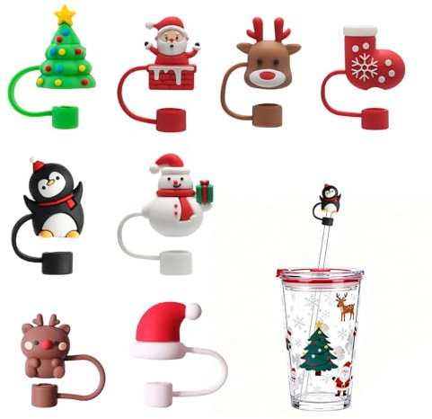 8 Stück Strohhalm Abdeckung Weihnachten für Stanley Cup, Weihnachten Silikonhülle Zubehörset Strohdeckel, 10mm Staubdichte Silikonmaterial Strohhalme Abdeckung, Wiederverwendbare