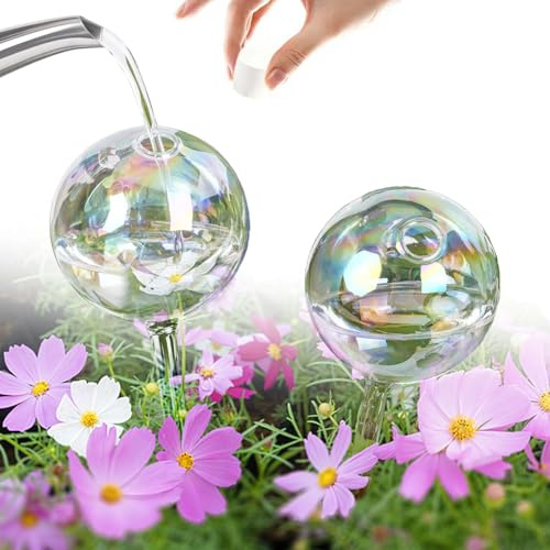 shallyong 2 Piezas Globos de Riego de Vidrio, Sistema Automático de Riego para Plantas de Interior, Plantas en Macetas, Decoración de Interiores y Jardín (Burbujas Iridiscente)