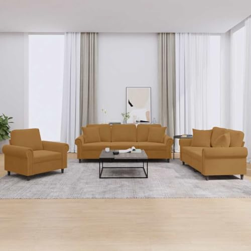 HETFTJN 3-TLG. Sofagarnitur in Braun Samt Ecksofa 92 x 77 x 80 cm Modernes Design mit dick gepolsterten Kissen Robustes Sperrholz-Metallgestell für Wohnzimmer kleine Sitzecke Schlafzimmer