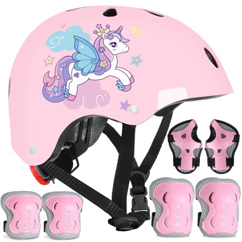 Licorne Casque Vélo Enfant Casque Ajustable pour Filles Garçons avec Réglables Genouillères et Coudières Équipement de Protection pour Cyclisme Scooter Roller Skateboard 48-56 cm 3-12 Ans