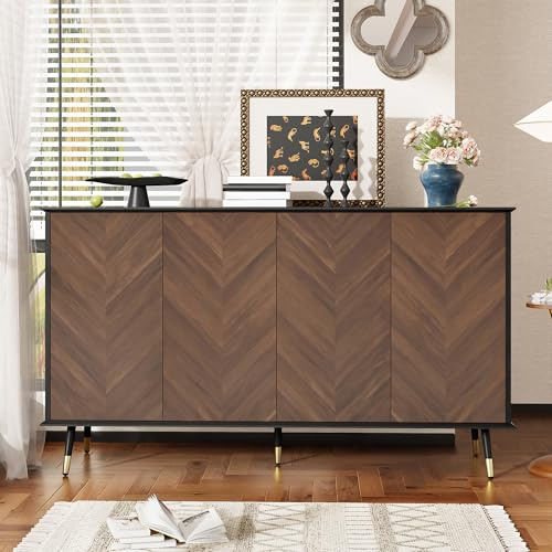 ModernLuxe Sideboard mit Fischgrätmuster, Buffet Schrank mit 4 Türen und höhenverstellbaren Regalen, Kommode mit Stauraum aus MDF Holz, Wohnzimmer Schrank, Flurschrank, Esszimmer Sideboard