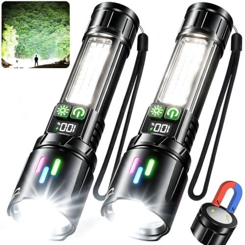 VOPHICHO Linternas Led Alta Potencia, 100000 Lúmenes Linterna Led Recargable, Luz Lateral Cob & 7 Modos & Magnéticas, IP67 Impermeable & Zoom, Linterna Potente Tactica Militar para Camping, 2 paquete