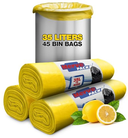 35L Bin Bags Lemon (45 Bags) – Scented Bin Liners Drawstring Bags for Kitchen & Bathroom Bins, Trash Bags, Pedal & Swing Bin Liners, Strong Bin Bags for Everyday Waste