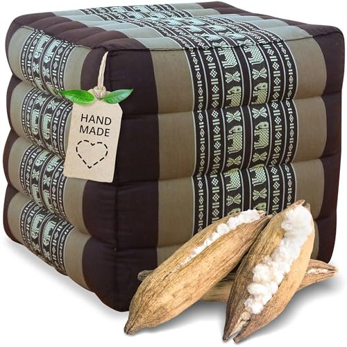 livasia Würfelkissen quadratisch - 40x40x40cm - Sitzhocker mit organischem Kapok, Sitzpouf, Lagerungswürfel viereckig, Bodenkissen Hocker Fußbank Fußhocker handgefertigt (Braun/Elefanten)