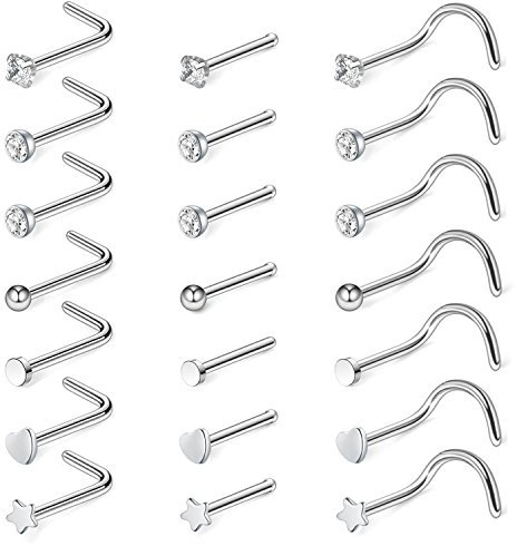 D.Bella Argent Nez Studs-20G 21pcs Nez Anneaux Goujons Nez Perçage Vis En Acier Inoxydable