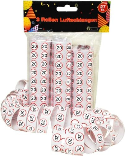 Udo Schmidt 10300 Luftschlangen-3 Rollen je 9 Stk. -Verkehrszeichen rot/weiß-Zahl: 20