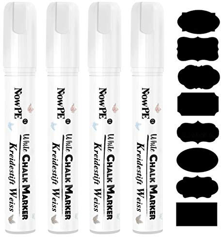 Feutre Craie Blanc, NowPE Marqueurs Craie 10mm, Effacable avec Chiffon Humide ou Sec, Pointe épaisse pour Tableau Noir, Mur, Fenêtre et Verre, Pack de 4 Pièce Stylos Liquide + 16 Etiquettes de Tableau