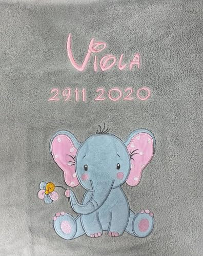 KIDDI-MEDIA Babydecke mit Name und Geburtsdatum Bestickt/kuschelig weich / 1A Qualität (Grau - Elefant)