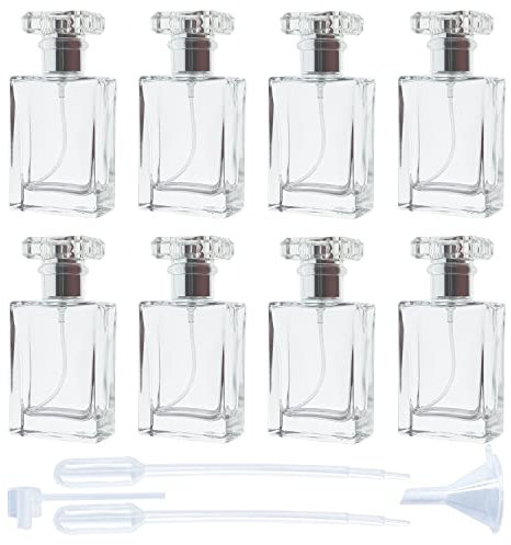 8 botellas de spray de perfume de 30 ml, atomizador, botellas de spray de niebla fina compuestas por una botella de vidrio, una tapa de acrílico transparente y un pulverizador plateado (transparente)