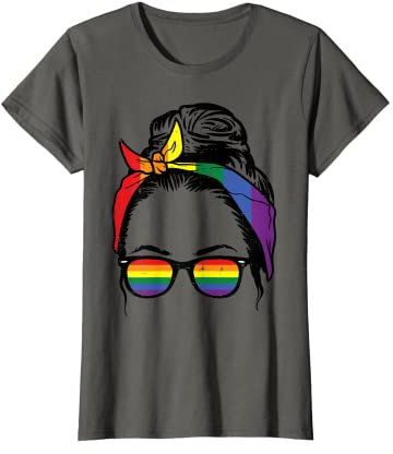 Gay Mom Messy Hair Bun LGBTQ Rainbow Pride Women Lesbian T-Shirt