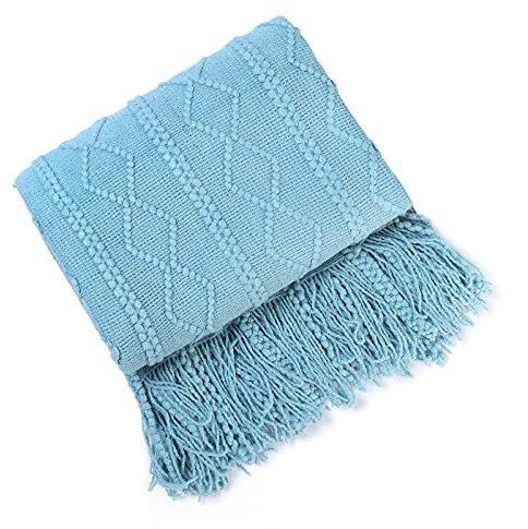 Galatée Hohe Qualität Wohndecke Bunt,Gestrickte Decke Boho,Baumwolle,gemütliche,Decke,Couchdecke,Sofadecke,Tagesdecke Wohnzimmer Couch Auswahl Hellblau 150 * 200cm