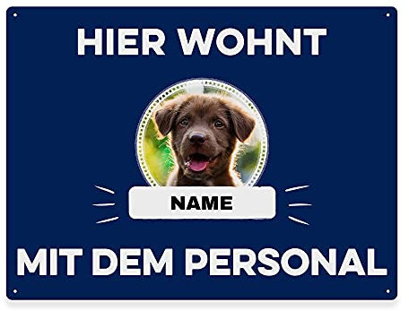 Hunde Schild personalisiert - Hier wohnt mit Personal - Metallschild mit Foto und Name für außen, wetterfestes Türschild für Hundebesitzer - DIN A5-21 x 15 cm, ein Tier, blau