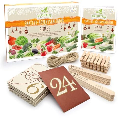 FLORTUS Saatgut Adventskalender Gemüse 2024 | Weihnachtskalender mit 24 Samensorten, Holzstecketiketten, Pflanzanleitung, Kordel und Holzklammern | Nachhaltiges Geschenk für Frauen und Männer