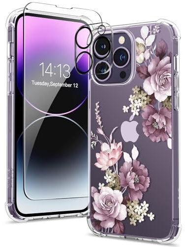 GVIEWIN Compatible with iPhone 14 Pro Case 6.1 Inch 2022,with Tempered Glass Screen Protector+Camera Lens Protector,Flower Clear Hard PC Slim Bumper Shockproof Protective Cover, Cherry Blossoms/Purple