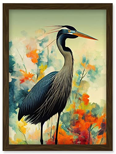 Wee Blue Coo Heron Bird in Abstract Flower Field Colourful Teal Orange Navy Illustration Artwork Framed Wall Art Print A4