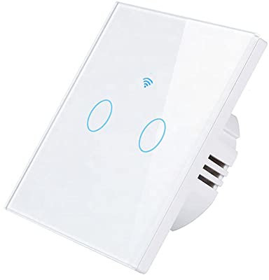 Interrupteur WiFi Connecté Tactile 2 Boutons (Avec Ou Sans Neutre) Alexa Google Assistant Tuya App Compatible, Panneau en Verre Trempé (BLANC)