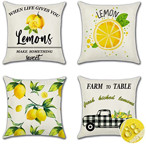 Ohok Wasserdicht Kissenbezug 45x45 cm, 4er Set Dekorativ Outdoor Kissenhülle Deko Sofakissen Couchkissen Zierkissenbezüge für Sofa Wohnzimmer Balkon Garten Auto (Zitrone)