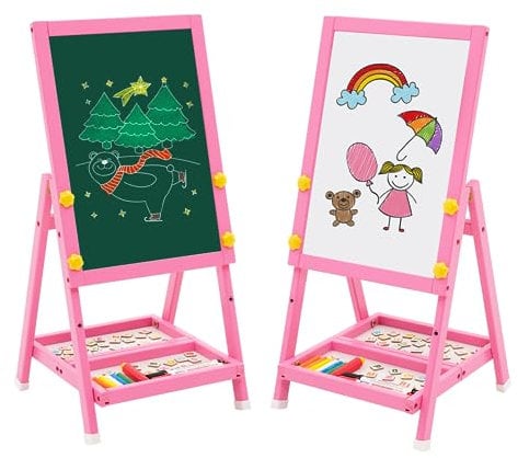 Kids Art Easel Double Sided Easel Whiteboard Blackboard,Foldale Mini Wood Easel for Kids,Drawing Board with Letters and Numbers 43 * 32 * 8.5 (Pink)