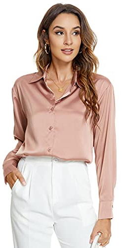Atnlewhi Damen Bluse Langarm Knöpfen Satin Seide Hemden Basic Kent Kragen Arbeit Büro Formelle Casual Blusen Shirt