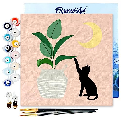 Figured'Art Mini Peinture par Numéro Adulte 20x20cm avec cadre Chaton et Plante au clair de Lune - Petit Format Kit de Loisir Créatif DIY Numéro d'Art Complet