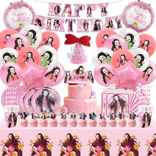100 Piezas Demon Decoración Set, Fiesta Vajilla, Globos, Anime de Dibujos Animados Suministros, Cumpleaños Balloons para Grils