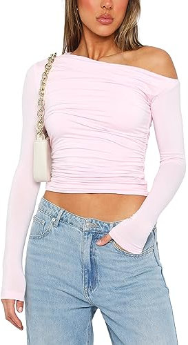 Women's Y2K Slim Fit Crop Tops Casual Solid Color Off Shoulder Crew Neck Long Sleeve Tight T-Shirt Basic Blouse Tee Tops (A1 Pink, L)