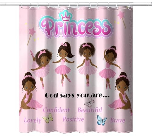 DDCBNS Ballerina Princess Pink Shower Curtain,Cute Cartoon Black Girls Print Shower Curtain for Bathroom Decor Fabric Waterproof Upholstery Hook 66x72 Inches