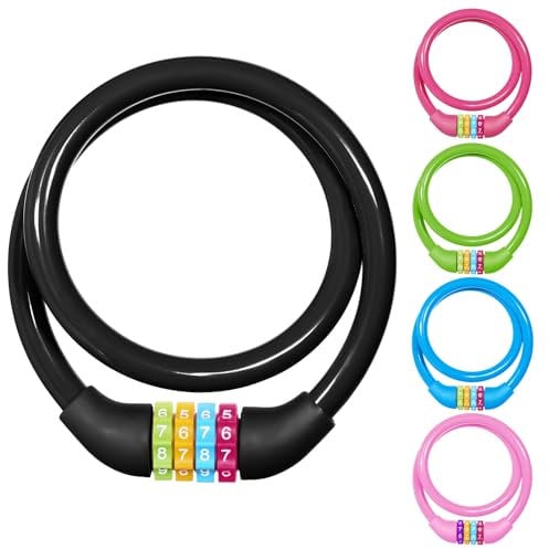 Ainiv Candado Bicicleta, 4Dígitos Candado Patinete Electrico, 65cm Candado Bicicleta Antirrobo, Candado Patinete, Candado para Patinete Electrico para Bicicleta, Scooter, Monopatín, Puerta(Negro)