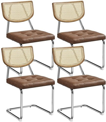 Yaheetech Chaise Cantilever Lot de 4 Chaises de Salle à Manger Similicuir Dossier en Rotin Tissé Chaises de Cuisine Assise Capitonnée Pied en Métal pour Salon Cuisine Chambre Hôtel Brun Rustique