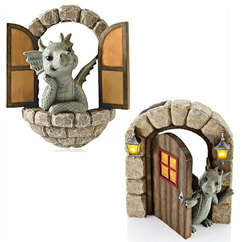 zingking Wandrelief Drache, 2021 Neu Drachen Figuren Skulptur Deko,Tierisch niedlicher Fenstergucker als Wanddeko Glücksdrachen-Dame für Garten, Balkon oder Outdoor (Fenster+Tor)