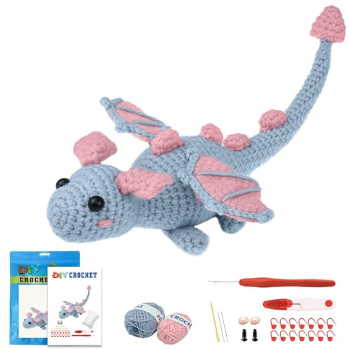 Terself Häkelset für Anfänger, Tiere häkeln lernen – Schritt-für-Schritt-Video-Tutorials, einfaches Häkel-Starter-Set, Geschenk für Kinder und Erwachsene, schöner grauer Drache (40%+ Garnanteil)