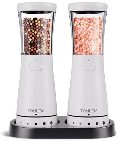 Salz und Pfeffermühlen elektrisch 2er Set aus Edelstahl (Wiederaufladbar, LED Beleuchtung, mit einstellbarem Keramikmahlwerk, Reinigungsbürste Bürste) Gewürzmühle elektrisch Adjustable, White