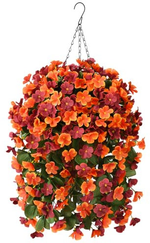 INQCMY Artificial Fake Hanging Plants Flowers Basket for Fall Autumn Outdoor Decoration,Faux Silk Begonia in Planter UV Resistant Realistic for Outside Home Porch Patio Balcony Yard Decor
