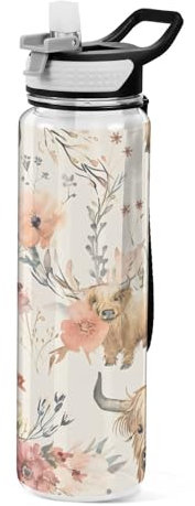 Mnsruu Cute Highland Cows Water Bottle with Straw 1 Litre Sports Bottle Tritan BPA Free Clear Drinking Bottle for Adults Outdoor School Gym Travel