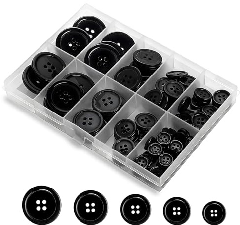 YCLFHOO 100 Pcs Black Mixed Buttons, 5 Sizes Resin Buttons with 4 Sewing Holes and Storage Box, Ideal for Sewing, Cardigans, Trousers, Clothes Making, Art