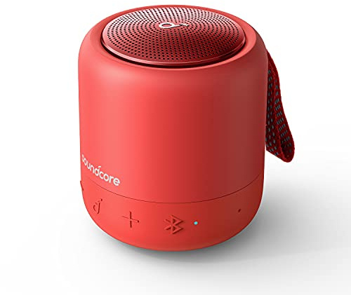 soundcore Anker Mini 3, Bluetooth-Lautsprecher mit BassUp und PartyCast Technologie, USB-C, Wasserschutz IPX7, Individueller EQ (in Rot) (Generalüberholt)