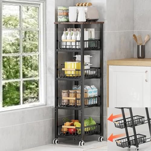 KOLENSA Panier en Fil avec Roues, boîte de Rangement empilable, étagère de Cuisine, Plateau de Chariot Multi - Couches pour Fruits et légumes et tiroirs coulissants