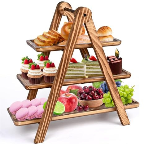 Povxlum 3 Tier Serving Trays Wooden, Cupcake Stand Towers for Dessert Table Display, Three Tiered Tray Stand Detachable Wood