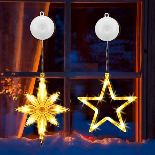 EKKONG Weihnachtsbeleuchtung Fenster 2 Stück Fensterbeleuchtung Weihnachten mit Saugnäpfe LED Warmweiß Fensterlicht Weihnachts Sterne Polarstern Weihnachtsfensterbeleuchtung für Innen Außen Balkon