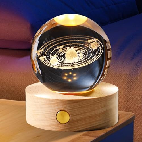 3D Sonnensystem Kristallkugel Nachtlicht, Kristallkugel mit LED Warmes Licht Holzsockel, 6cm Planeten Lampe Glaskugel, Kreative Astronomie LED Ball Lampe für Geburtstag Geschenk (Sonnensystem)