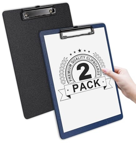 Clipboards - A4 - Plastic - 2 Pack, Offshifter Writing Clipboard with Heavy Duty Clips, Sturdy and Portable, Multi-Pack of Clipboards to Enhance The Writing Experience (Black and Navy Blue)