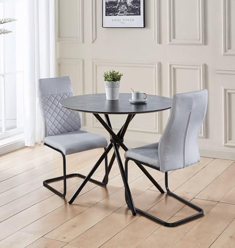 Hallowood Furniture Cullumpton Round Small Table and Chairs, Dining Set 2 | Black Dining Table and Chairs Set 2 in High Back Light Grey Fabric and Black Cantilever Legs, Compact Modern Dining Room Sets