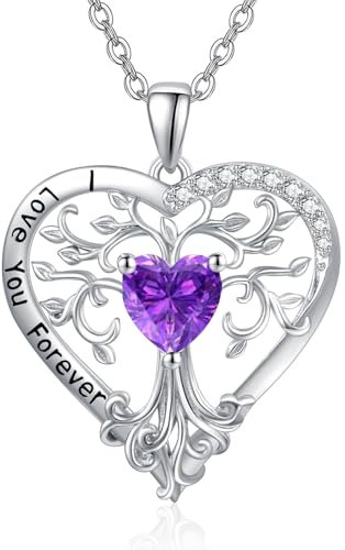 Birthstone Tree of Life Necklace for Women Sterling Silver February Birthstone Amethyst Necklace Tree of Life Heart Pendant Jewellery Anniversary Birthday Gifts for Wife Mom Daughter