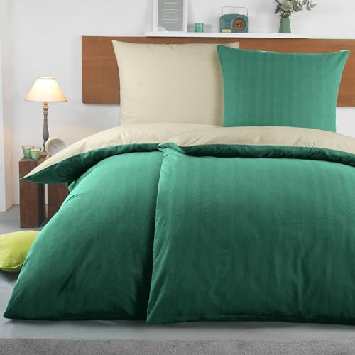 BaSaTex Biber Uni Bettwäsche Set - Bettbezug 4 teilig 2X 135x200 + 2X 80x80 Kissenbezug - kuschelige warme Winter Flausch Bettgarnitur - Dunkelgrün Natur