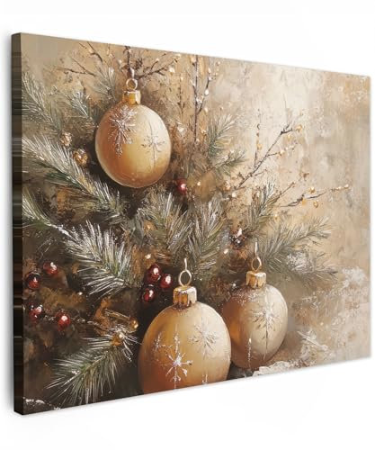MuchoWow© Weihnachtsdeko Wandbilder 80x60 cm Home Deko Wohnung Bild Wohnzimmer Weihnachtsgeschenke Fotoleinwand Wand Bilder Leinwand Wall Decor Geschenk Weihnachten - Kugeln - Gold