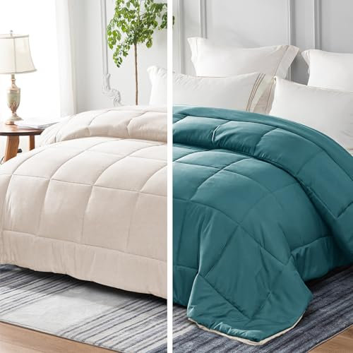 Whale Flotilla Edredón 220 x 240 cm, 300 g/m², Microfibra Suave, Transpirable, para Cama de 2 Personas, edredón Acolchado para 4 Estaciones, Azul Verde/Beige