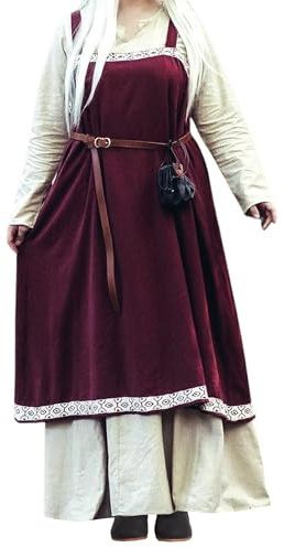 Leonardo Carbone® Damen Überkleid Halla | Handgestickte Bordüre | Mittelalterliches Design | Karneval, Halloween, Cosplay, LARP, Kleid, Kostüm, Gewand | 100% Baumwolle Rot S/M