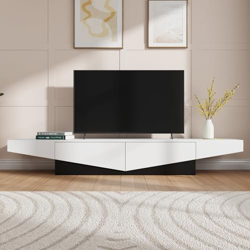 Caldion Modernes TV-Lowboard,TV-Schrank mit 2 Schubladen,Fernsehtisch mit Tischplatte,Fernsehschrank,TV-Ständer für Wohnzimmer Schlafzimmer,MDF,Weiß und schwarz,200x40x35cm